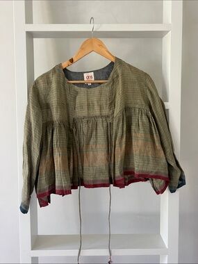 Olive Green Striped Cropped Tunic Jacket with Red Trim